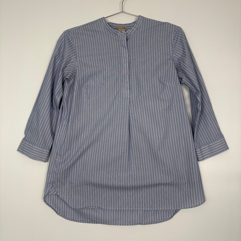 Duluth Trading Women Tunic Top Medium Blue White Stripe Mandarin Collar Pockets